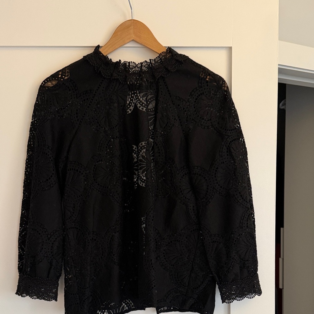 Sezane Black Lace Mock-Neck Blouse
